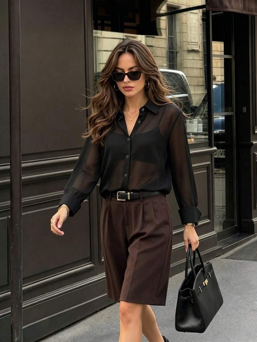 elva women's solid color sheer long sleeve blouse