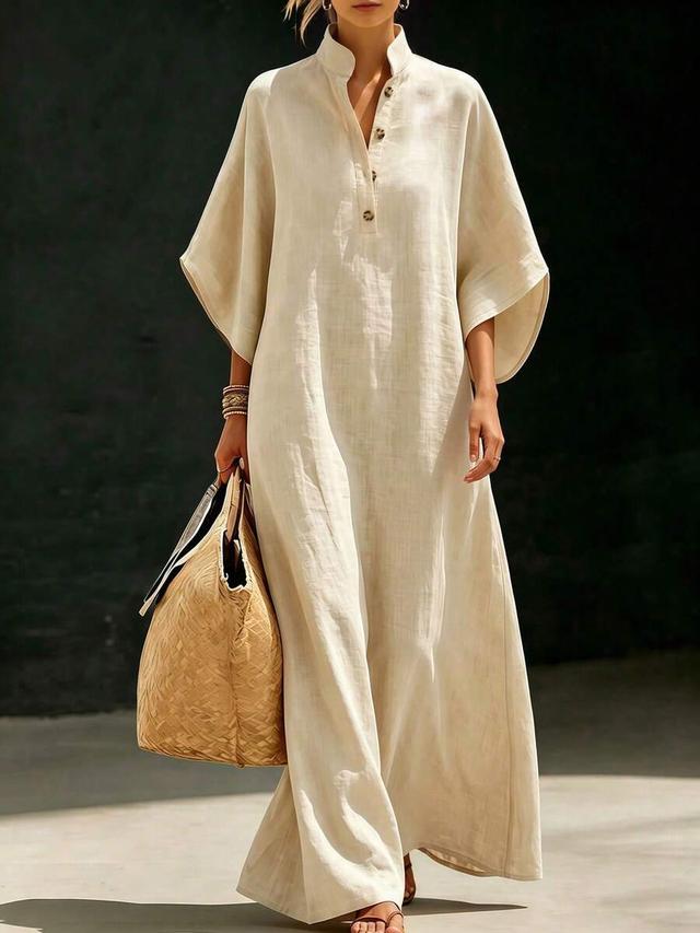 beige faux linen texture kaftan maxi dress