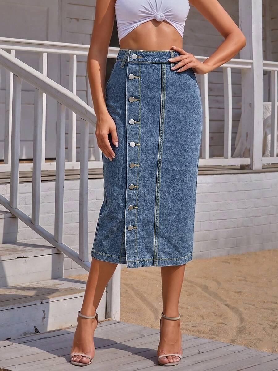 women's casual elegant button denim midi skirt