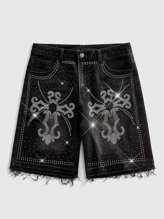 black denim shorts with rhinestone cross pattern