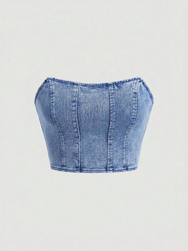 light blue acid wash denim corset tube top