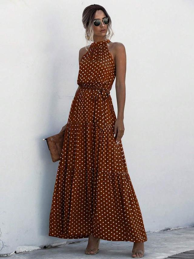 breezaya polka dot print ruffle hem belted halter dress
