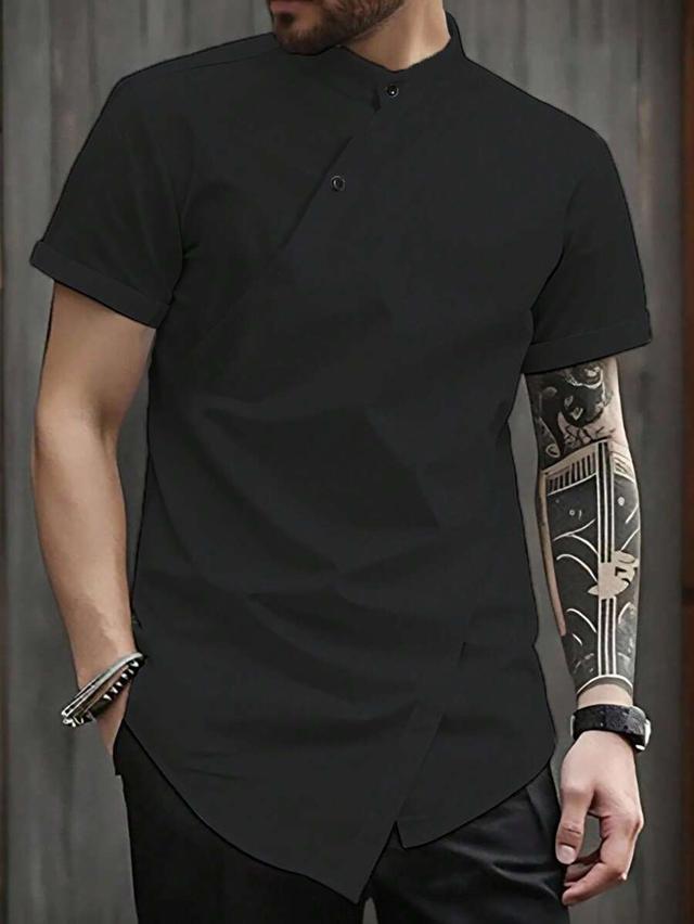 black short sleeve asymmetrical button casual shirt