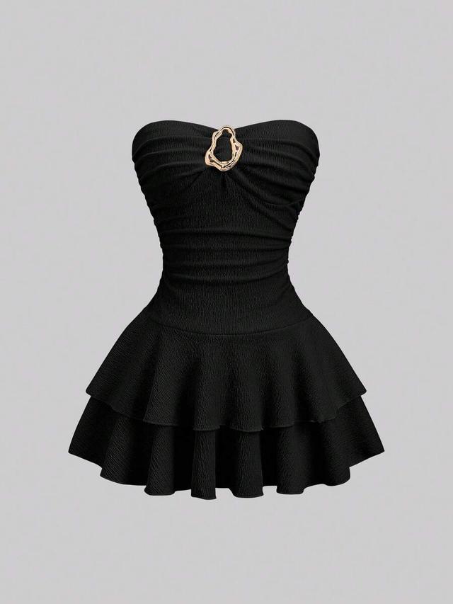 black strapless ruched mini dress with gold hardware