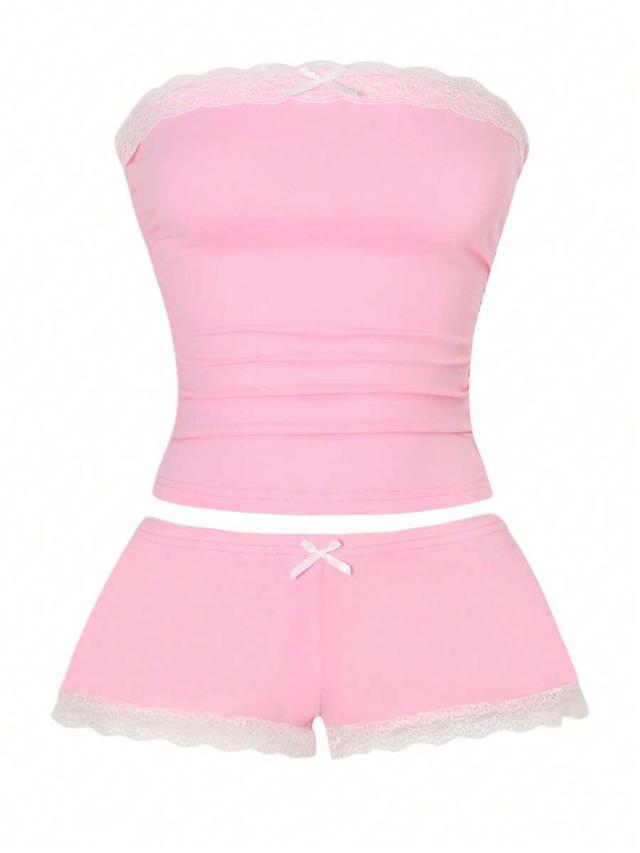 pink lace patchwork crop top and shorts set