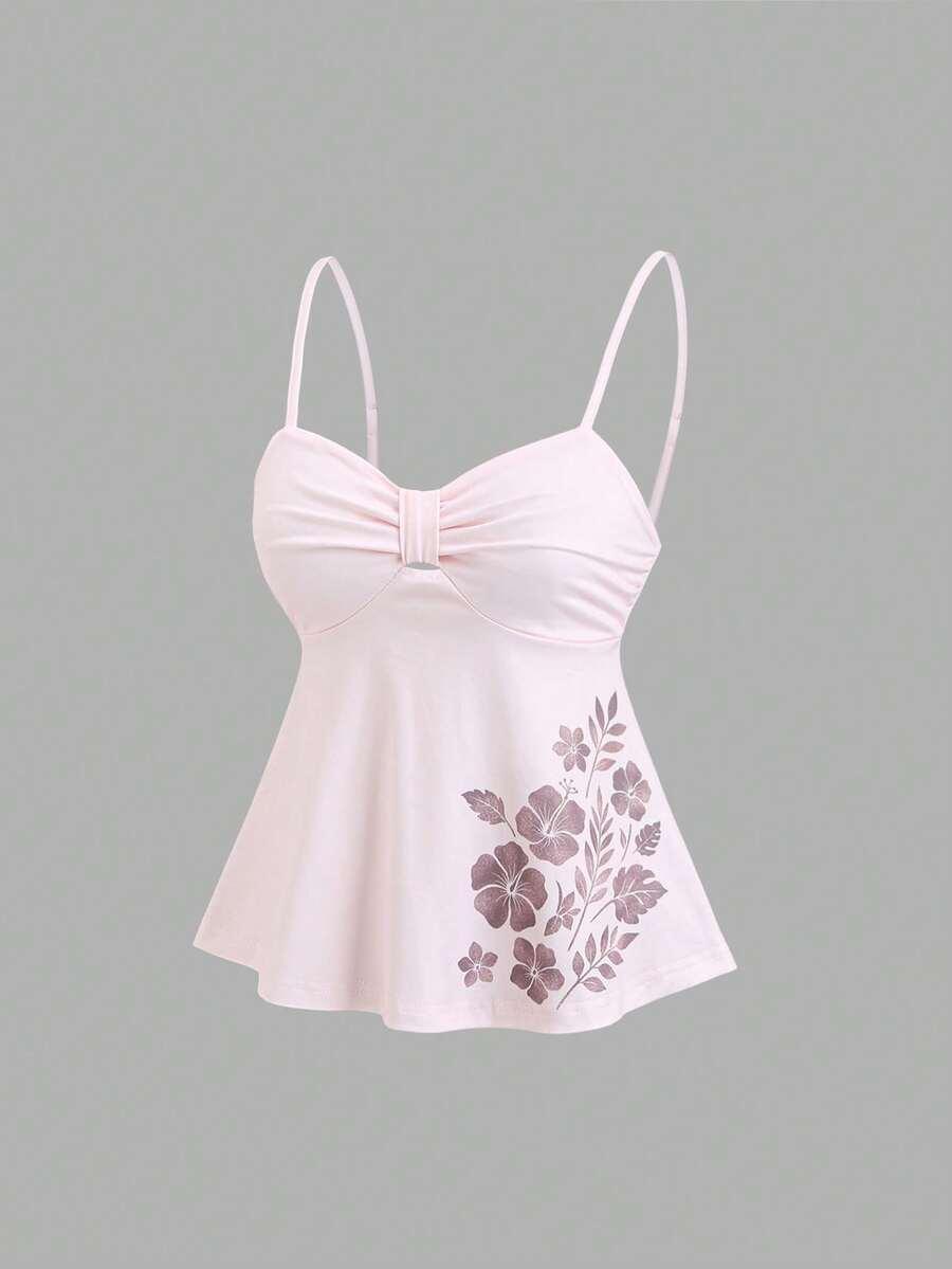 vintage floral print flared camisole tank top