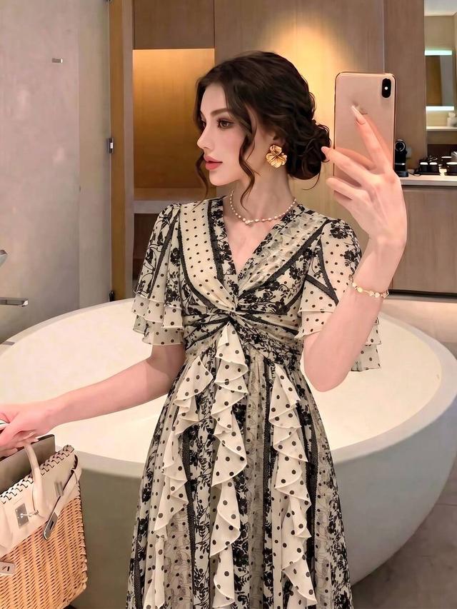 vintage polka dot patchwork layered ruffle summer dress