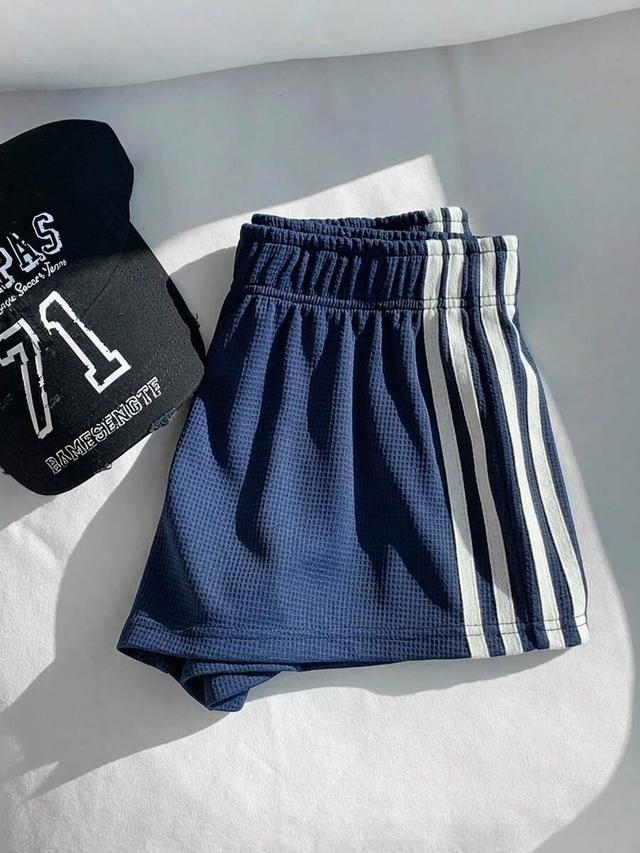 waffle fabric navy blue contrast striped side shorts