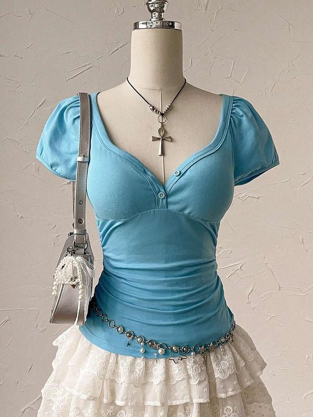 light blue sweetheart neck puff sleeve jersey top