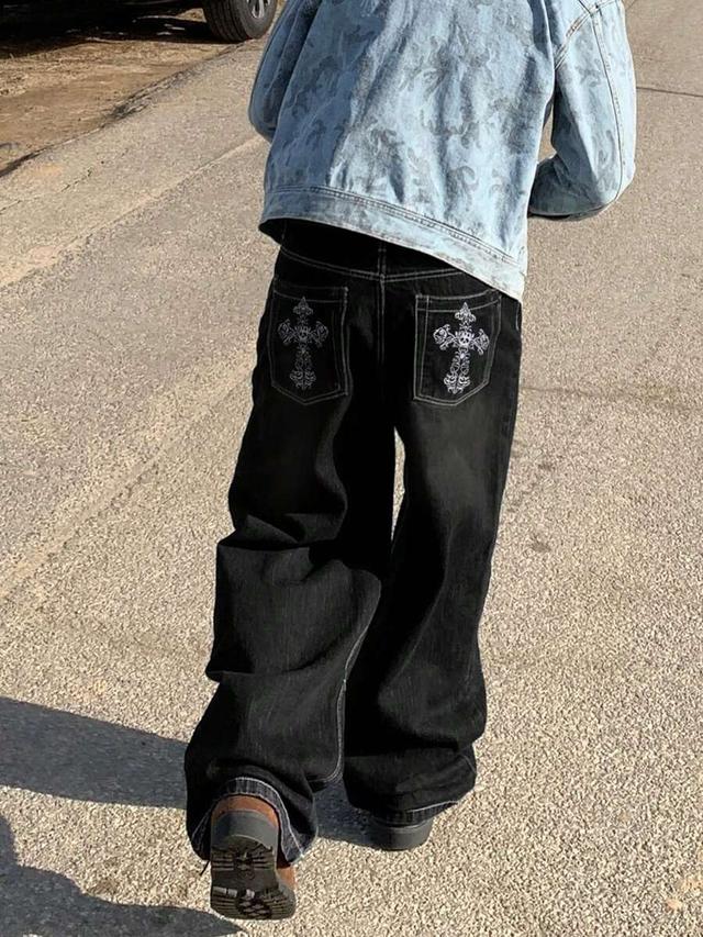 men vintage high street cross embroidered loose straight jeans