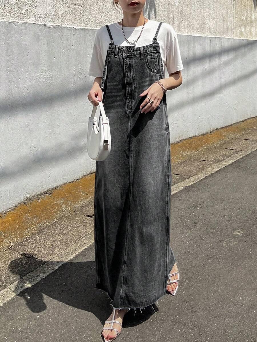 washed black denim pinafore maxi dress