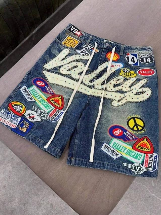 streetwear y2k multi racing patch rhinestone denim shorts
