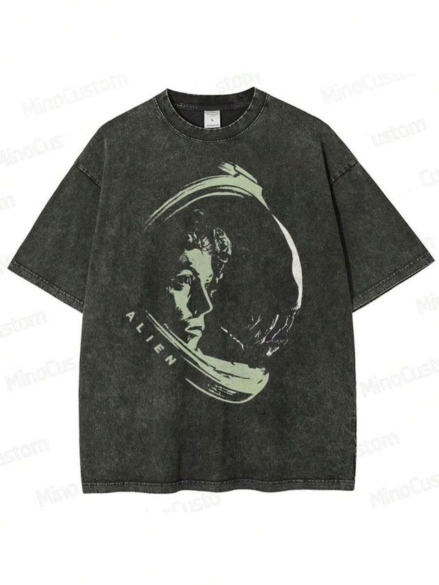 vintage washed black alien graphic heavyweight cotton t-shirt