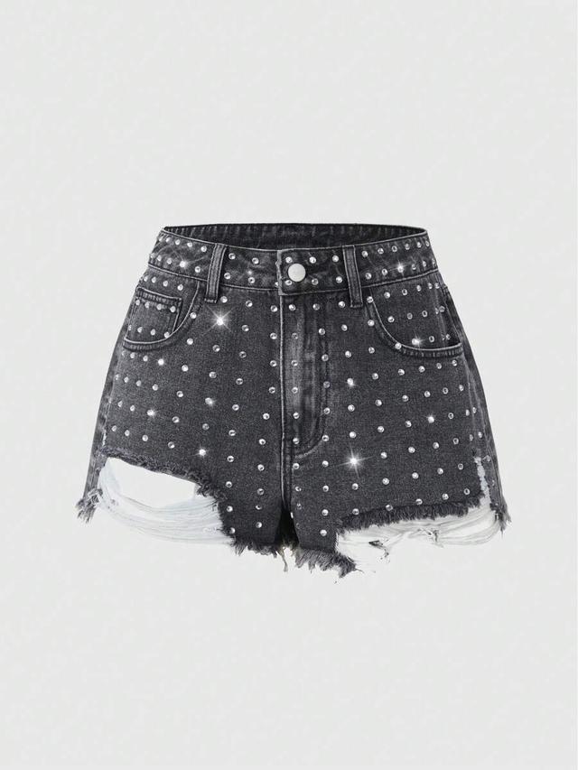 distressed black denim shorts with rhinestone embellishments