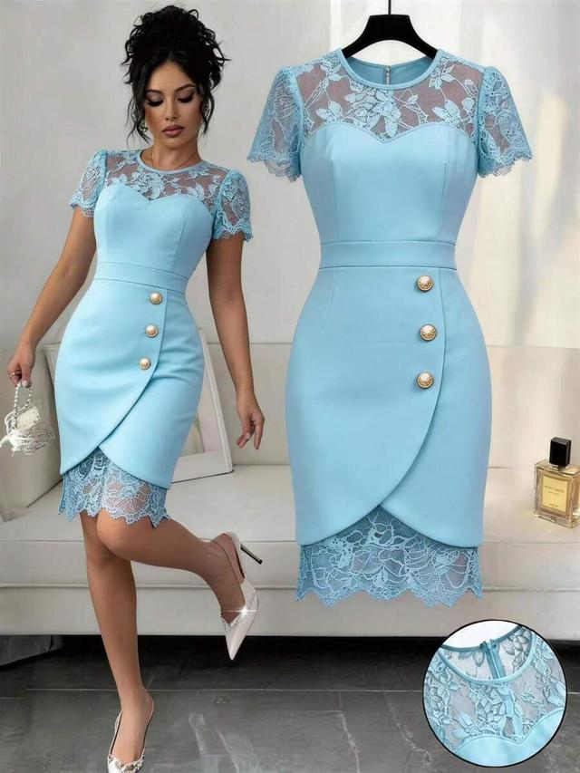 light blue lace panel sheath dress
