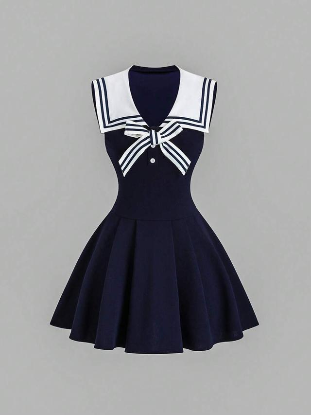 vintage navy sailor collar pleated dress