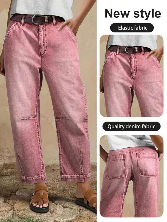 women's casual pink pleated stretch cropped jeans