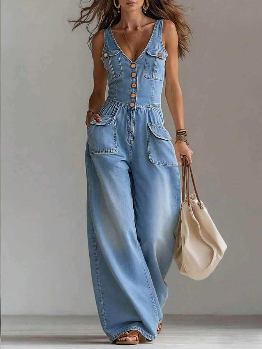 light wash denim sleeveless jumpsuit with button front