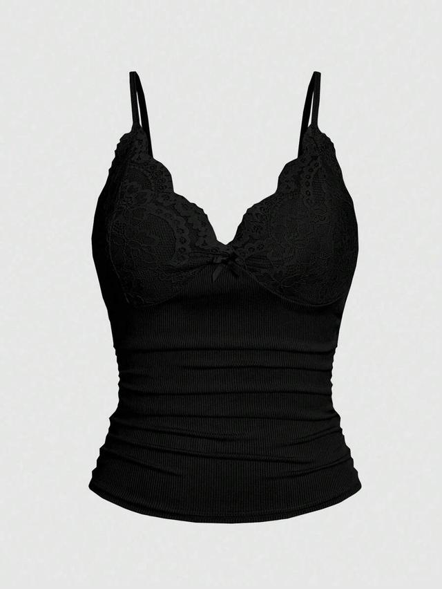 xyvia lace spaghetti strap black ribbed camisole