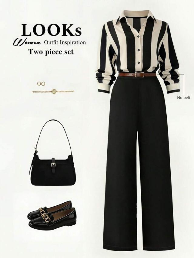striped button-up shirt with black wide-leg trousers