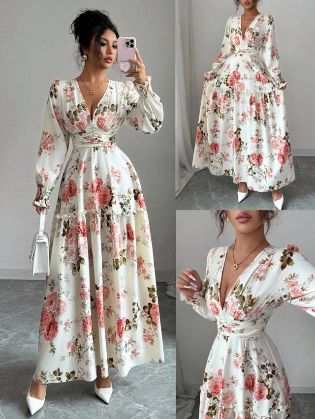 floral print v-neck ruched midi dress