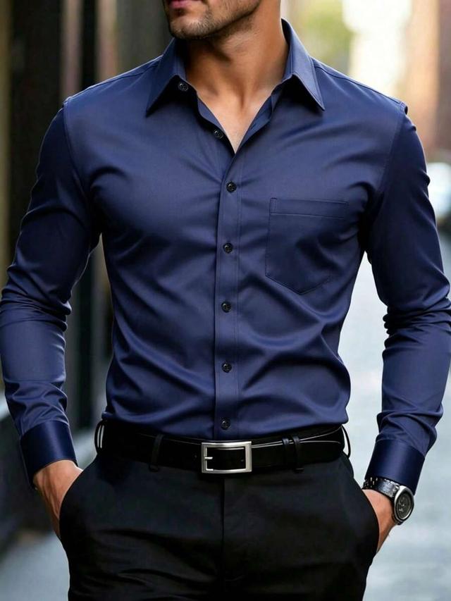 navy blue solid single-breasted long sleeve formal shirt