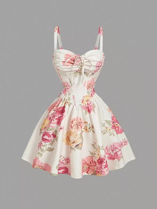 off-white floral print ruched waist fit and flare dress