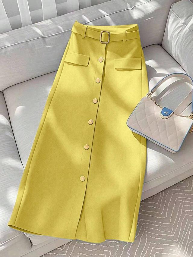 yellow solid color single-breasted straight skirt
