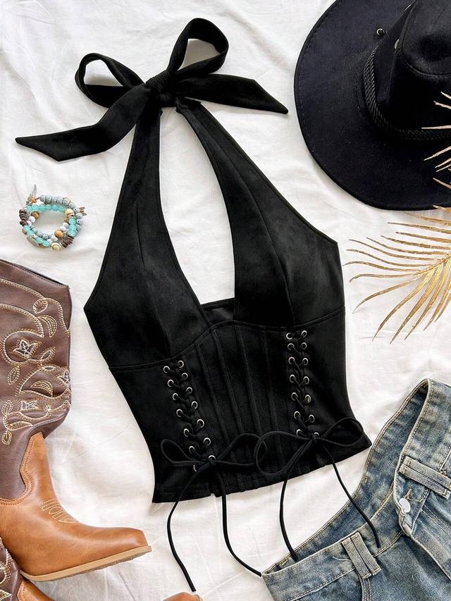 black suede tie-up halter corset vest