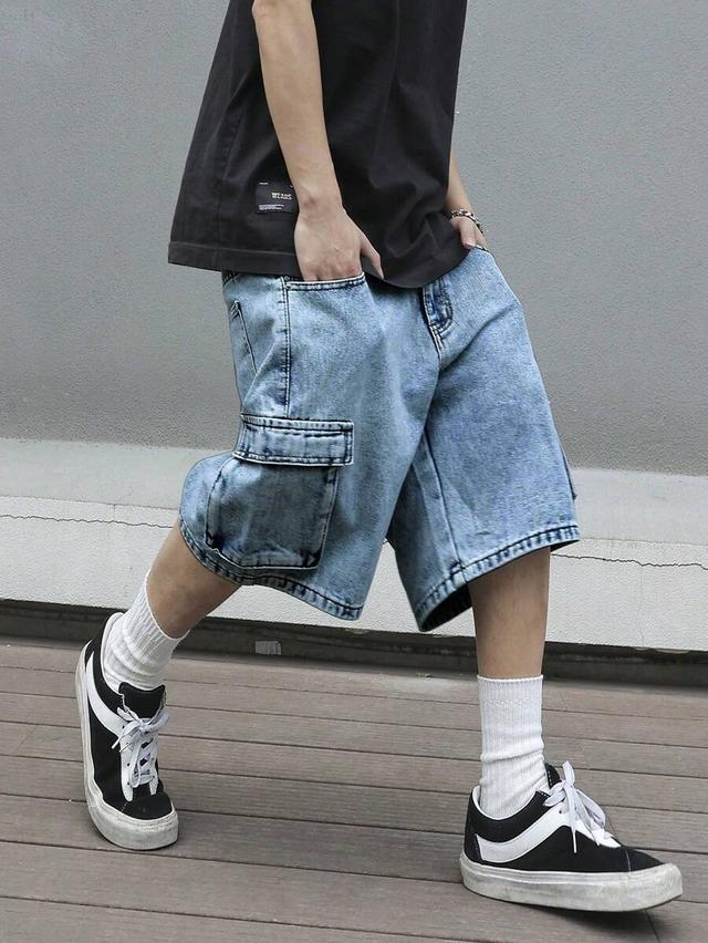 acid wash loose fit denim cargo shorts