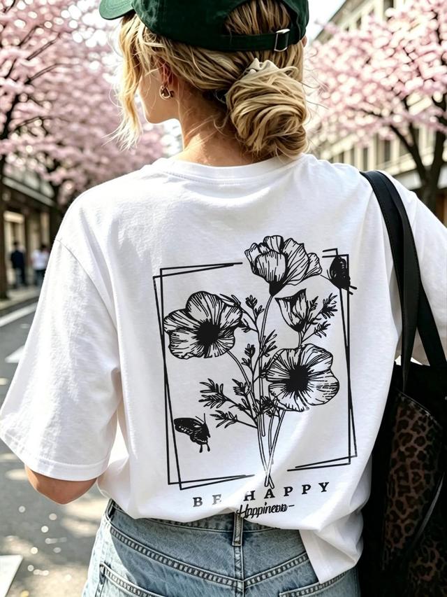 minimalist floral butterfly print white cotton t-shirt