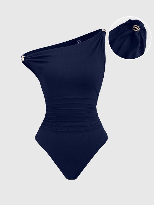 navy one-shoulder ruched bodysuit with metal detail