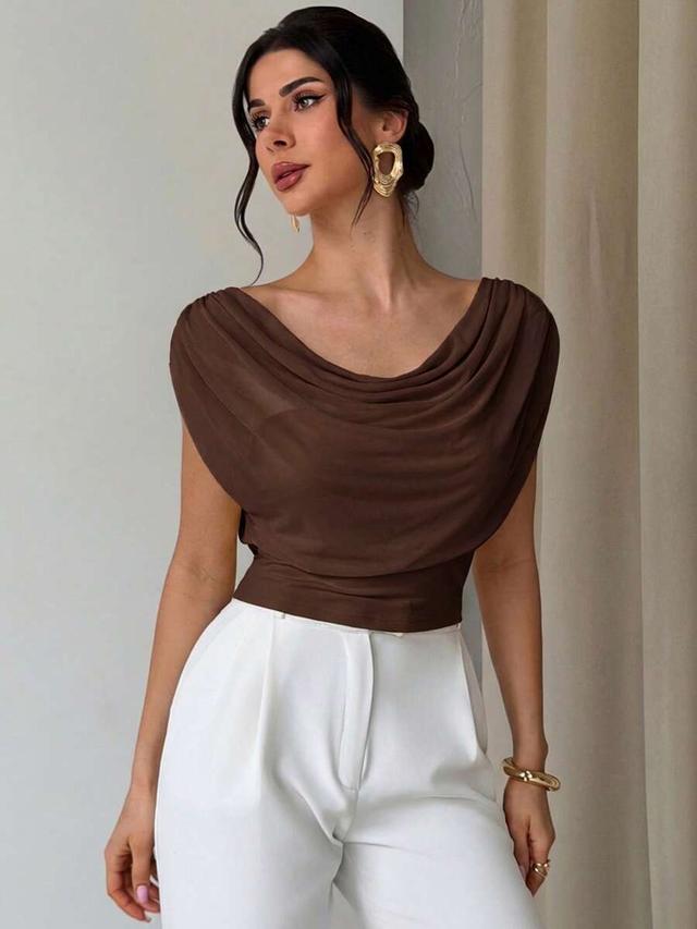 brown mesh cowl neck cap sleeve slim fit top