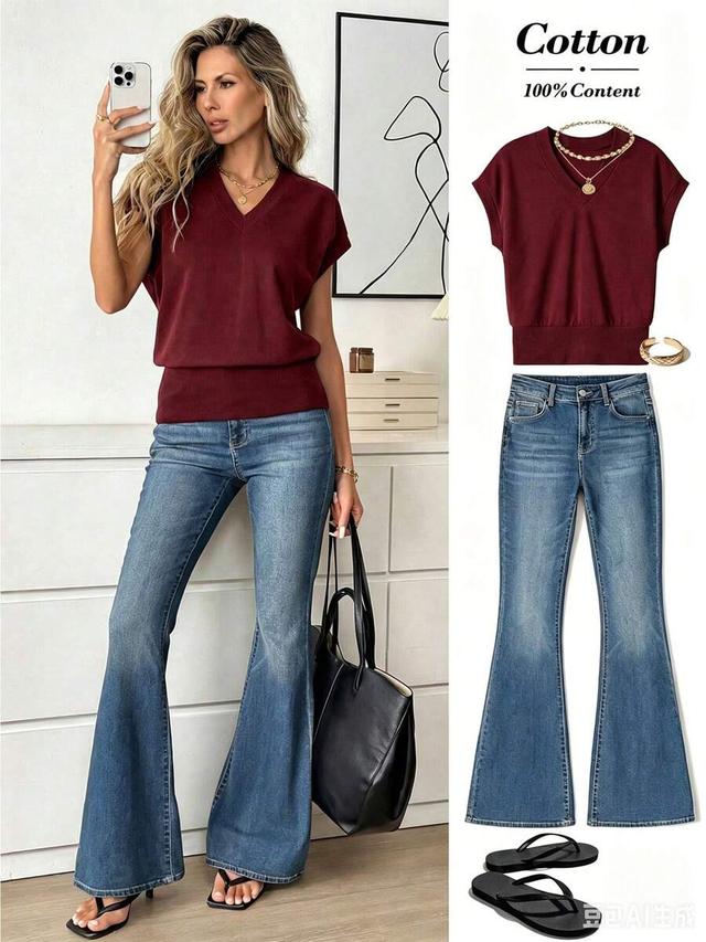 burgundy v-neck batwing sleeve casual knit top