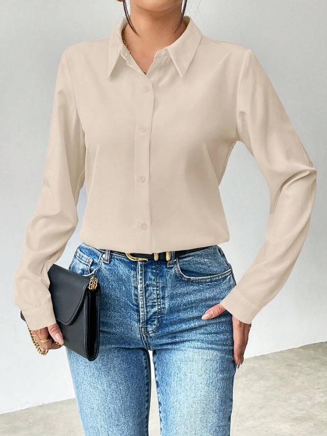 solid beige long sleeve button-up work shirt