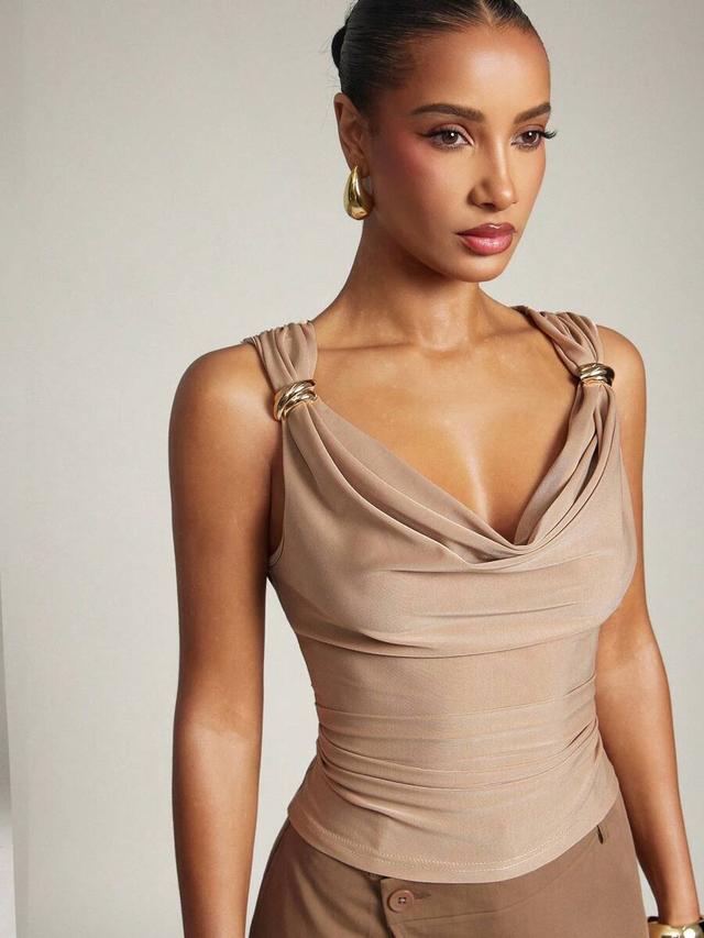 ruched shoulder gold detail cowl neck sleeveless blouse