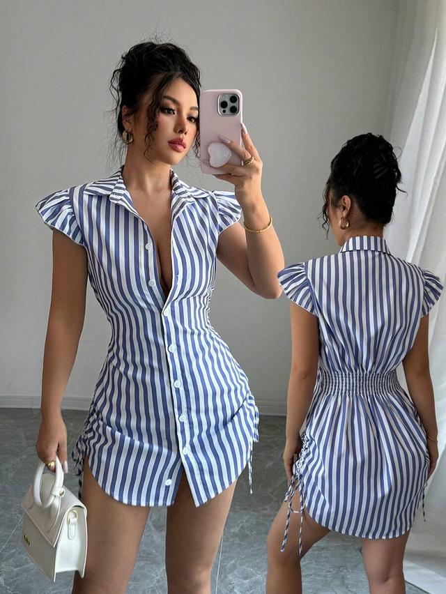 blue and white striped button-down shirt dress