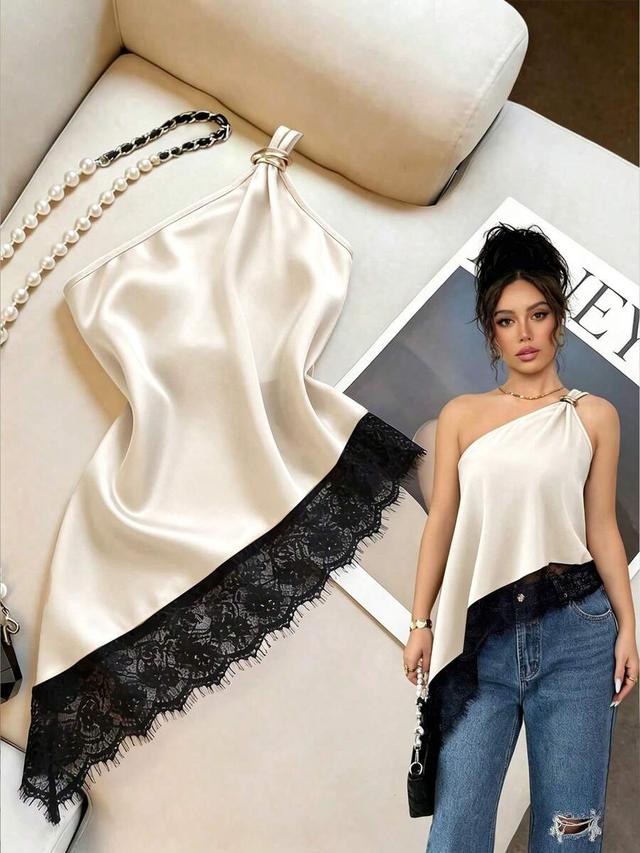 one shoulder satin top with asymmetric lace trim