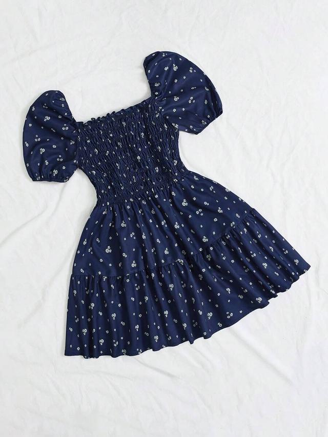 navy blue ditsy floral smocked lantern sleeve mini dress