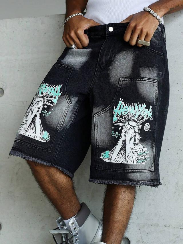 liberty statue print black denim shorts