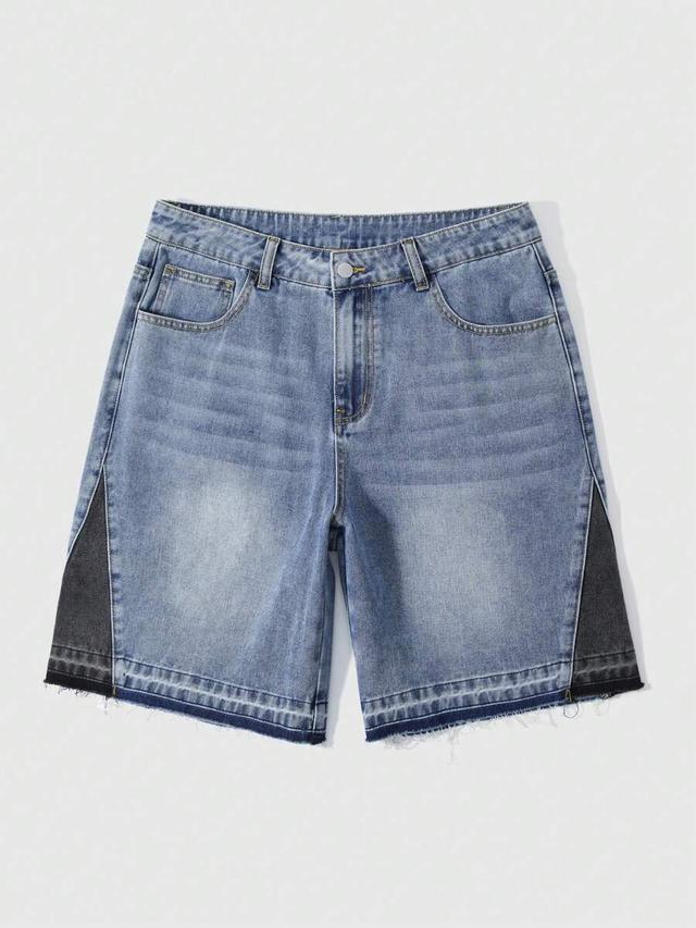 contrast color panel denim shorts with raw hem