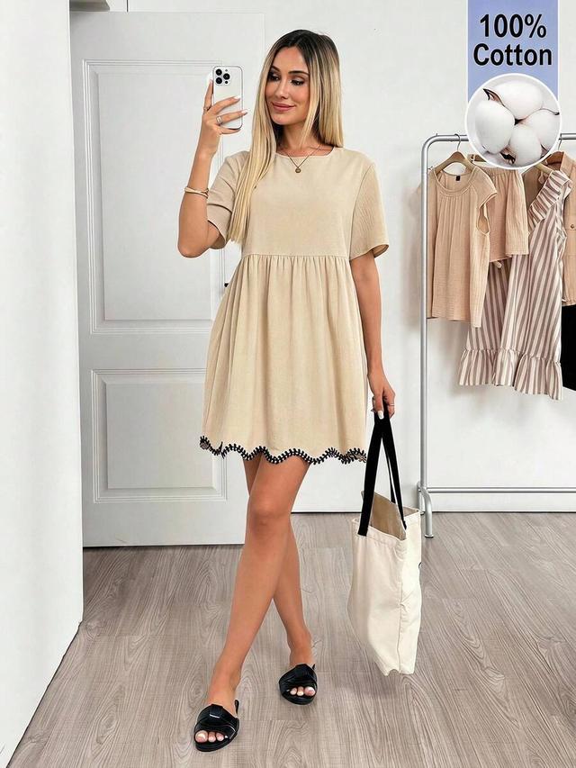 beige cotton blend smock dress with scalloped hem