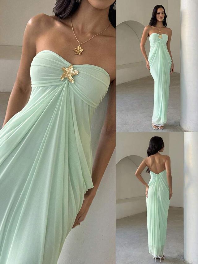 mint green strapless draped midi dress