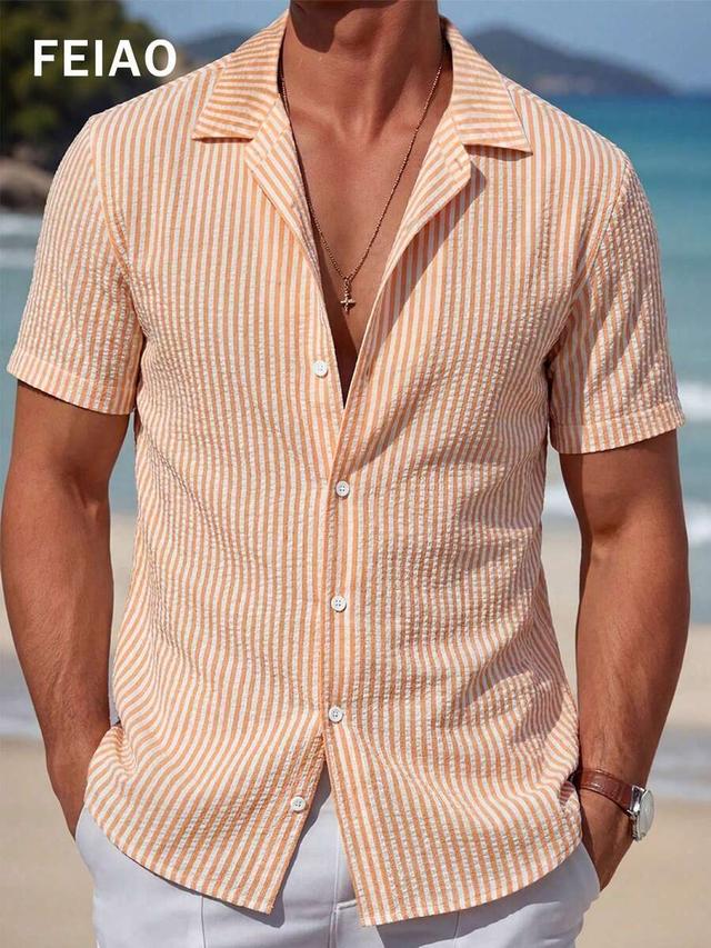 men's retro striped short sleeve seersucker shirt