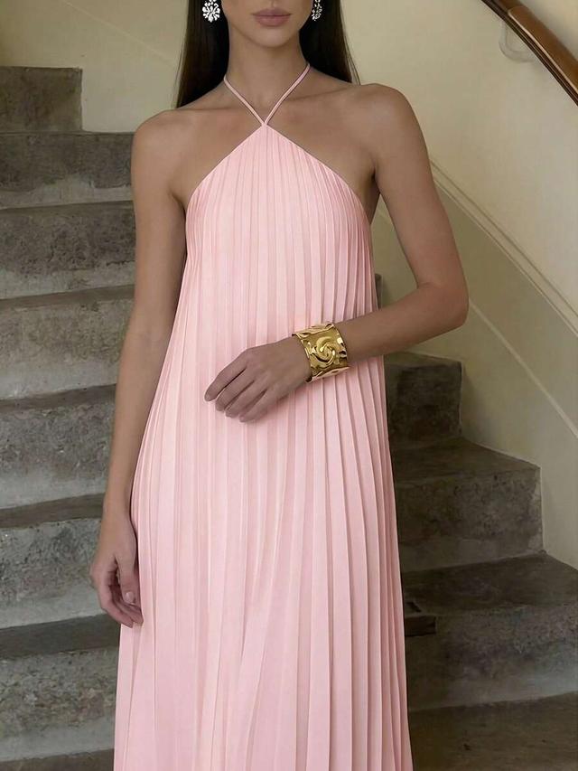 light pink pleated halter neck a-line dress
