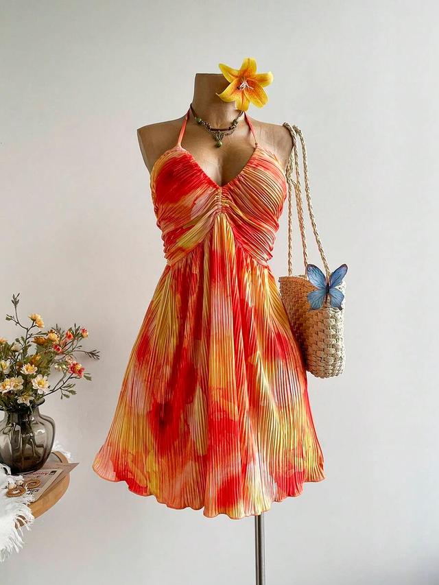 rusttydustty sunset tie-dye pleated backless mini dress