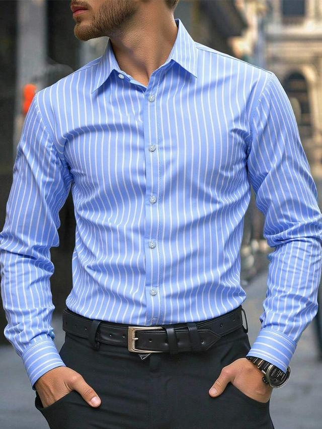 blue and white striped long sleeve business shirt