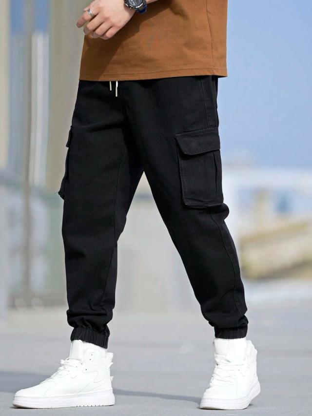 quarkem black drawstring elastic cuff cargo jeans