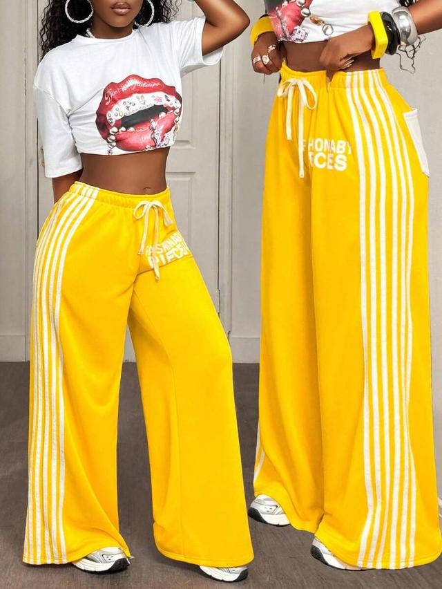 yellow letter print side stripe drawstring loose sweatpants