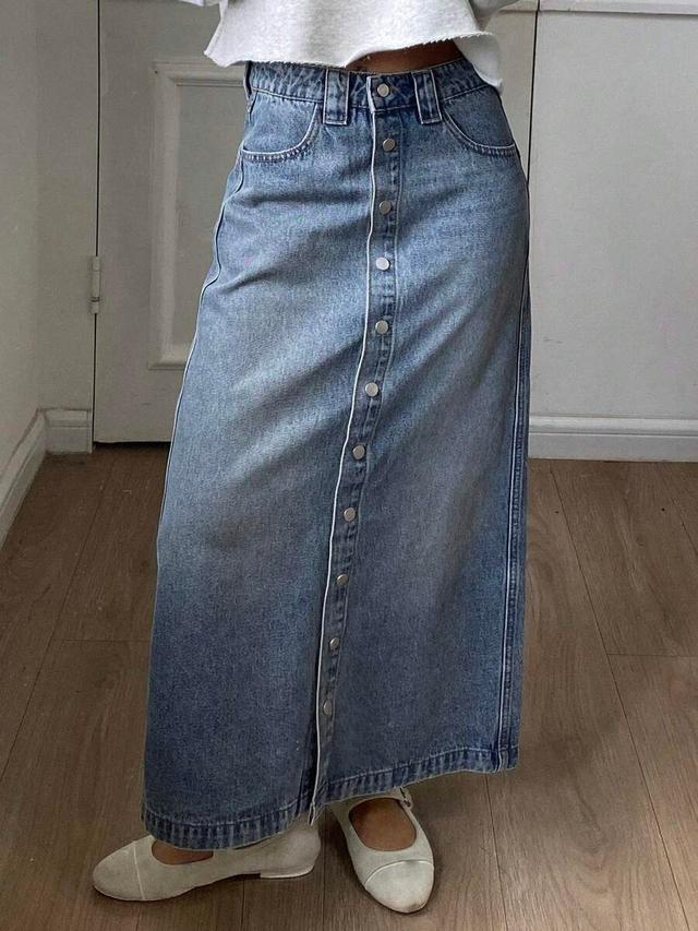 blue denim button-down midi skirt